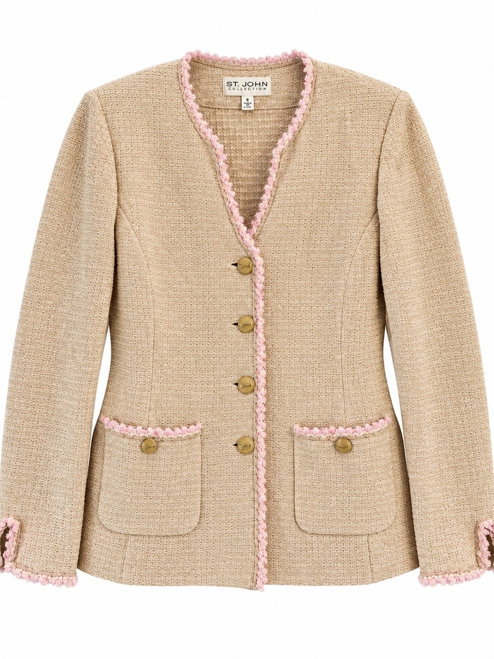 St. John Collection Knit Blazer Womens 8 Beige Pink Trim Tweed Jacket - Picture 2 of 9